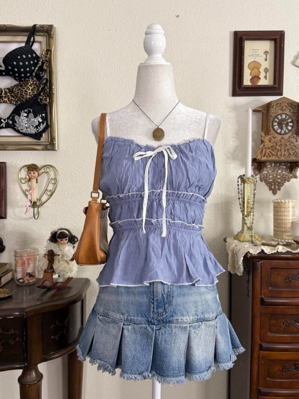 Dainty girly grunge cottagecore blue milkmaid blouse